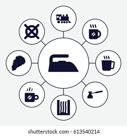 Steam icons set. set of 9 steam filled icons such as mug, iron, no dry cleaning, coffee, locomotive, turk, smoke