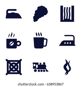 Steam icons set. set of 9 steam filled icons such as mug, iron, no dry cleaning, locomotive, coffee, smoke