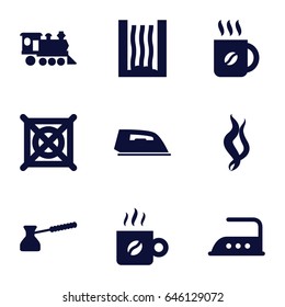 Steam icons set. set of 9 steam filled icons such as iron, no dry cleaning, coffee, locomotive, turk, smoke