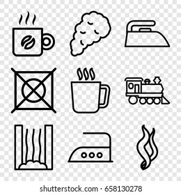 Steam icons set. set of 9 steam outline icons such as mug, iron, no dry cleaning, locomotive, coffee, smoke
