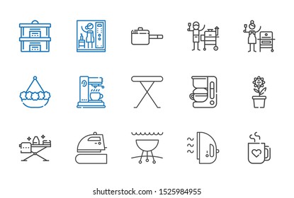 steam icons set. Collection of steam with mug, iron, grill, ironing, pot, coffee maker, iron table, pan. Editable and scalable steam icons.