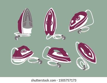 Steam iron for cloth vector illustrations set. Electrical domestic appliance isolated icon pack. Household equipment from various perspective, side and top view. Modern housekeeping device.