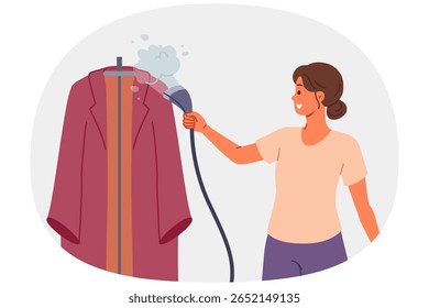 Ferro de vapor na mão da mulher que cuida de roupas depois de lavar e desfrutar do trabalho doméstico. Dona de casa feliz com ferro de vapor para desinfetar e limpar manchas de roupas de exterior ou vestidos à noite
