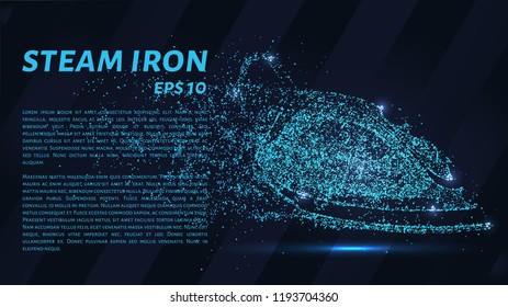 Steam iron made of particles on a dark background. Steam iron consists of geometric shapes. Vector illustration