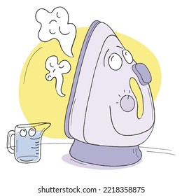 Steam iron and measuring cup with eyes smile to each other
