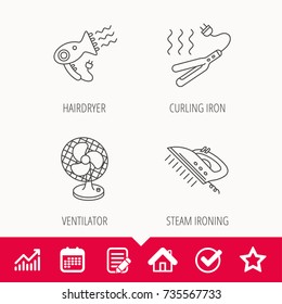 Steam ironing, curling iron and hairdryer icons. Ventilator linear sign. Edit document, Calendar and Graph chart signs. Star, Check and House web icons. Vector