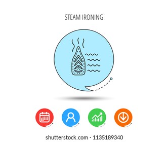 Steam ironing icon. Iron housework tool sign. Calendar, User and Business Chart, Download arrow icons. Speech bubbles with flat signs. Vector