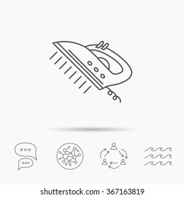 Steam ironing icon. Iron housework tool sign. Global connect network, ocean wave and chat dialog icons. Teamwork symbol.