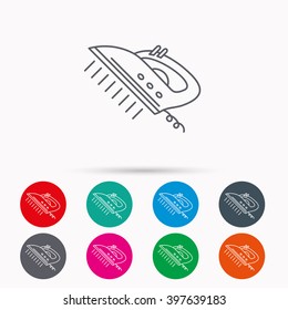 Steam ironing icon. Iron housework tool sign. Linear icons in circles on white background.