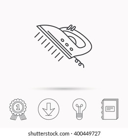 Steam ironing icon. Iron housework tool sign. Download arrow, lamp, learn book and award medal icons.