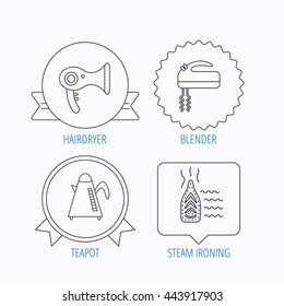 Steam ironing, kettle and blender icons. Hairdryer linear sign. Award medal, star label and speech bubble designs. Vector