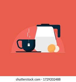 steam lemon tea vector illustration with teapot and cup, Tea Time Concept