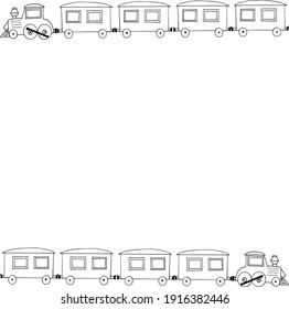steam locomotive and carriage frame, border. sketch hand drawn doodle style. minimalism, monochrome. invitation, card, banner. train railroad transport children