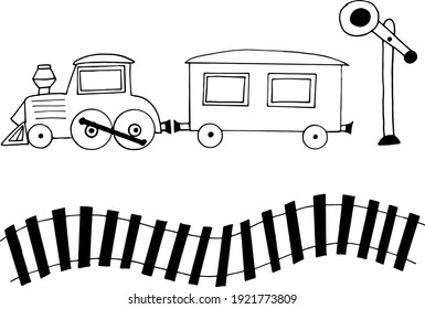 steam locomotive and carriage, railway, simaphor set icon. sketch hand drawn doodle style. minimalism, monochrome. train, transport, children toys