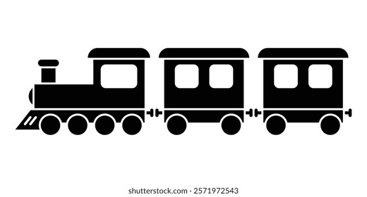 Steam locomotive with carriages vector icon. Perfect for transportation, travel, or vintage train illustrations. Black silhouette isolated on white background.