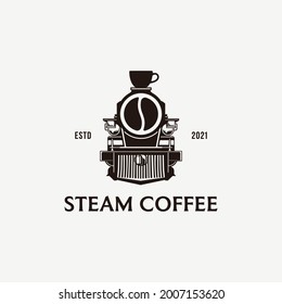 Steam locomotive with coffee bean and cup creative ideas logo design concept. Vector illustration isolated object on background