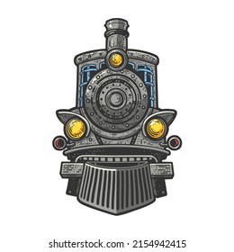 Steam locomotive color sketch engraving vector illustration. T-shirt apparel print design. Scratch board imitation. Black and white hand drawn image.