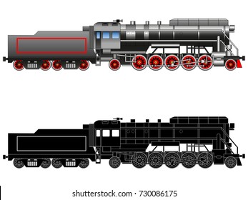 Steam locomotive. Drawn vintage train. Silhouette. Vector illustration, isolated on white