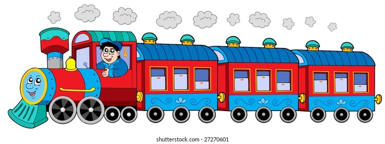 Steam locomotive with engine driver and wagons - vector illustration.