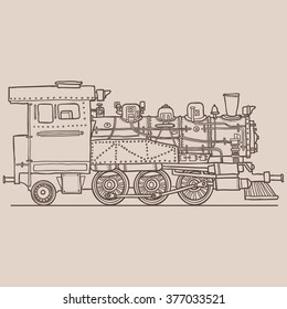 Steam locomotive. Hand drawn color illustration. Vector