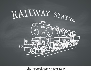 Steam locomotive illustration. Vector retro train on chalkboard background