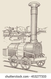 Steam locomotive. Model of the first russian steam locomotive made by Cherepanovs. Father and son. Vintage and drawing illustrations. In engraving style. Using in your design