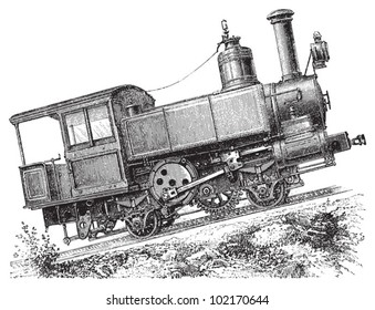 Steam locomotive - mountain railway / vintage illustration from Brockhaus Konversations-Lexikon 1908