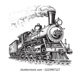 Steam locomotive old retro sketch hand drawn side view.Vector illustration.