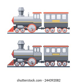 Steam locomotive on the railroad. Vector flat illustration