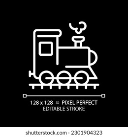 Steam locomotive pixel perfect white linear icon for dark theme. Retro train. Railway transport. Industrial revolution. Thin line illustration. Isolated symbol for night mode. Editable stroke