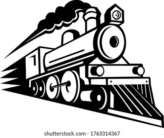 Steam Locomotive Speeding Forward Retro Mascot Black and White