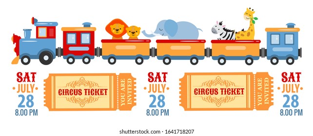 A steam locomotive train with animals, elephant, giraffe, zebra, lions travels to the city for a circus performance for children. The concept vector illustration is entertainment, travel, circus show.