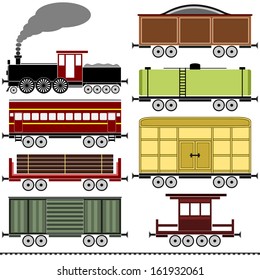 Steam Locomotive Train Set - A vintage steam locomotive train set with a variety of freight wagons, a passenger coach, a caboose and a set of railroad tracks. The set is isolated on white.
