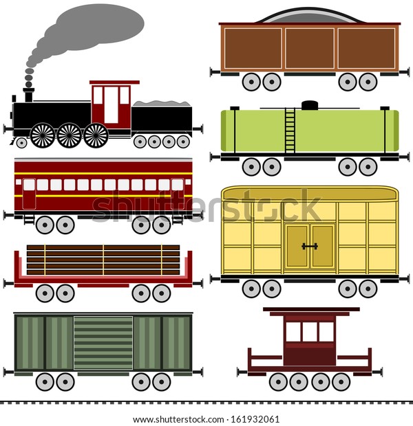 Steam\
Locomotive Train Set - A vintage steam locomotive train set with a\
variety of freight wagons, a passenger coach, a caboose and a set\
of railroad tracks. The set is isolated on\
white.