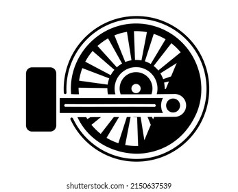 Steam locomotive, train wheel. locomotive transmission. Gear for transmitting rotation through the piston to the main wheel. Engine simple style detailed logo icon vector illustration isolated.