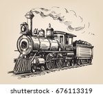 Steam locomotive transport. Hand drawn vector illustration