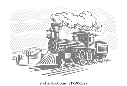 Steam locomotive transport. Hand drawn