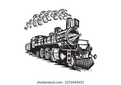 Steam locomotive transport, Hand drawn Illustration, vector