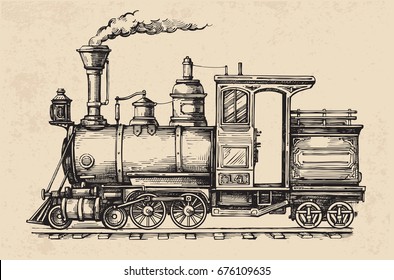 Steam locomotive transport. Hand drawn vector illustration