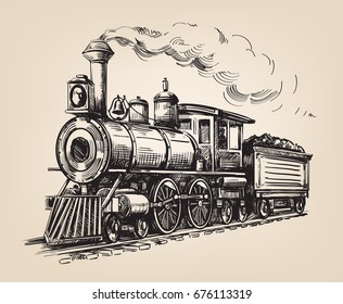 Steam locomotive transport. Hand drawn vector illustration