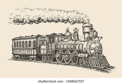 Steam locomotive transport sketch. Hand drawn vintage vector illustration