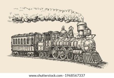 Steam locomotive transport sketch. Hand drawn vintage vector illustration