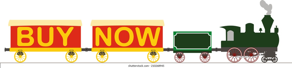 Steam locomotive and two wagons with text BUY NOW.