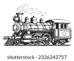 Steam locomotive vintage side view ,hand drawn sketch in doodle style Vector