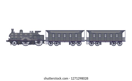 Steam locomotive with wagons on a white background. Retro train with passenger cars