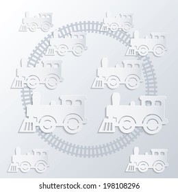 Steam locomotives and circle of railroad. Monochrome illustration.