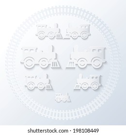 Steam locomotives inside of railway circle. Monochrome illustration.