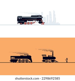 Steam locomotives. One color and two monochrome illustrations in the style of Steam Punk