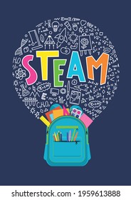 STEAM. Open backpack full of school stationery with STEAM education doodles in form of lamp. Science, technology, engineering, mathematics, art.  