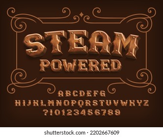 Tipo de letra del alfabeto alimentado por vapor. Letras y números 3d del río Steampunk. Tipo vectorial de material para su diseño.